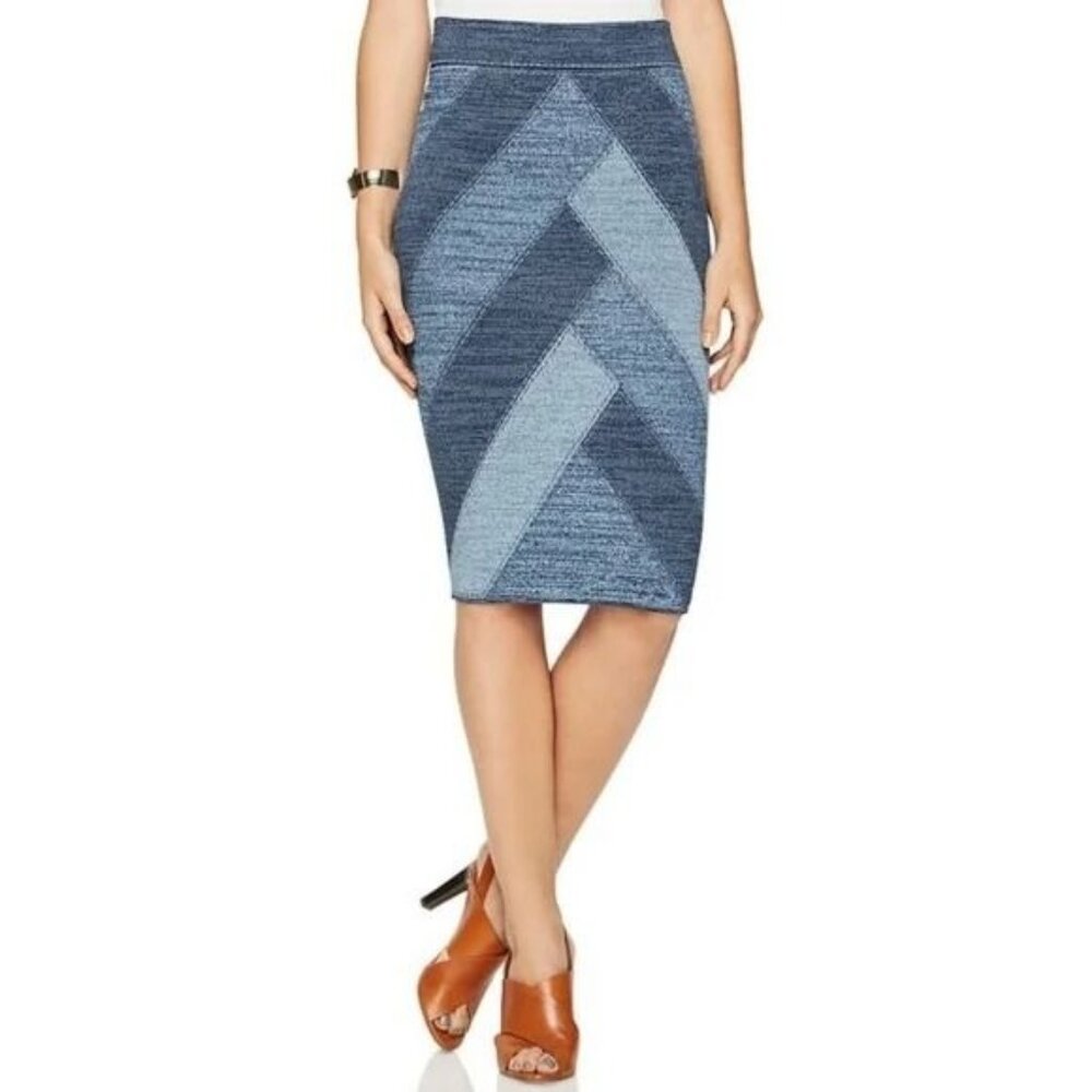 BCBG Max Azria Denim Combo Chevron Patterned Pencil Skirt Medium NWT $198